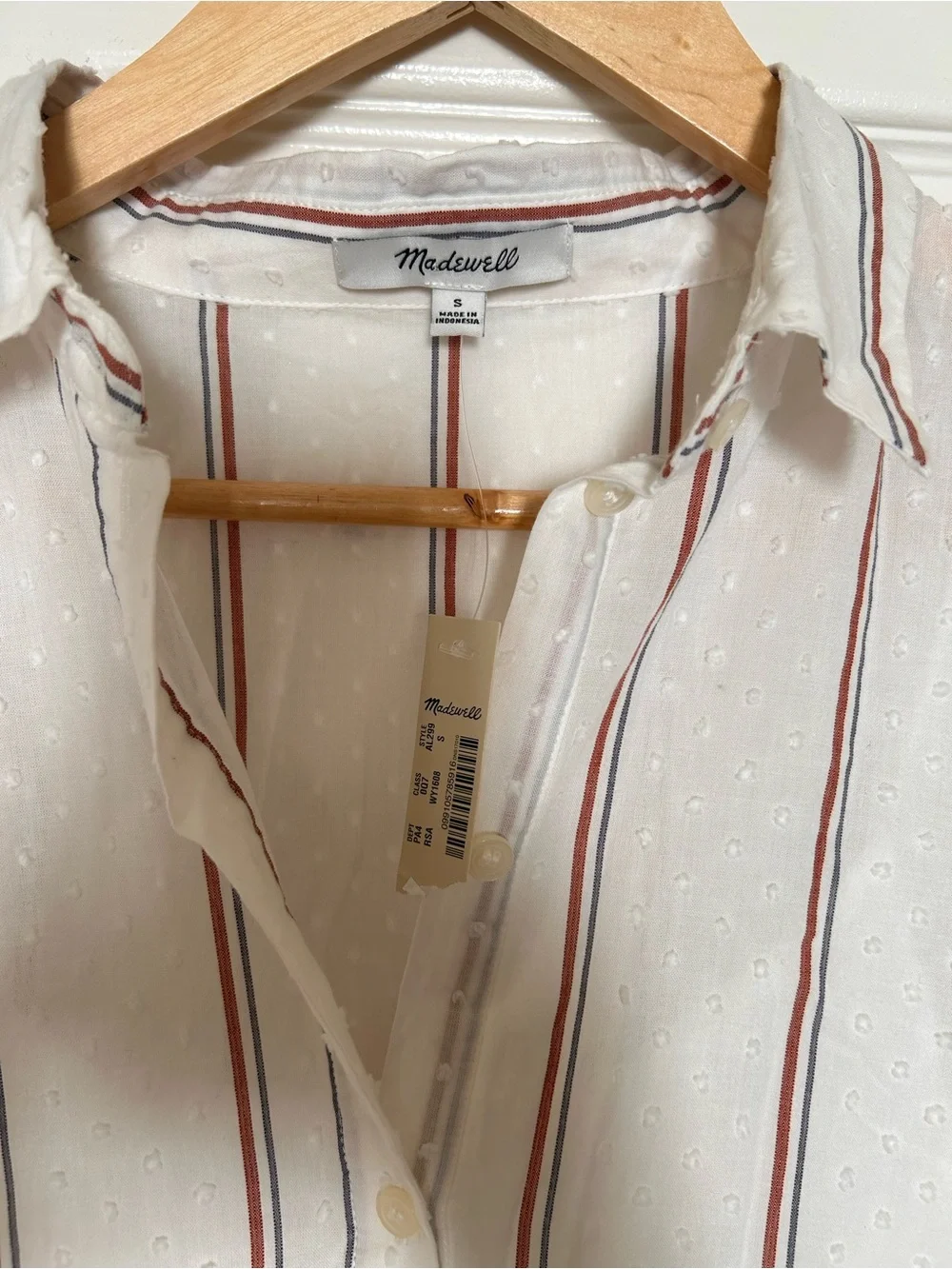 Madewell White Clip Dot Midi Shirt Dress with Blue and Rust Stripes Size Small - Picture 4 of 6
